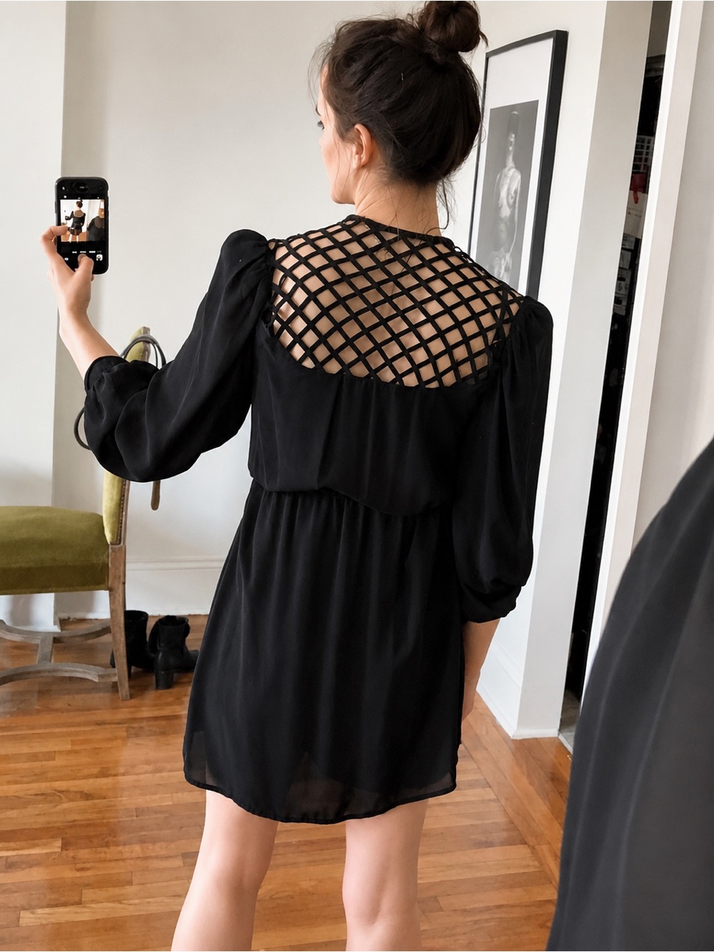 Vintage Black Sheer V Neck Backless Mini Dress Caged Style Lattice Open Back S - Picture 16 of 16